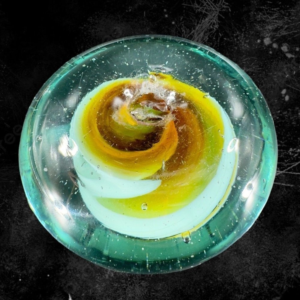 Antique Hand Blown‎ Paperweight Figurine Transparent Green White Center Vintage
